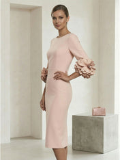 3/4 Sleeve Boat Neck Sheath Midi Dress with 3D Floral Cuffs