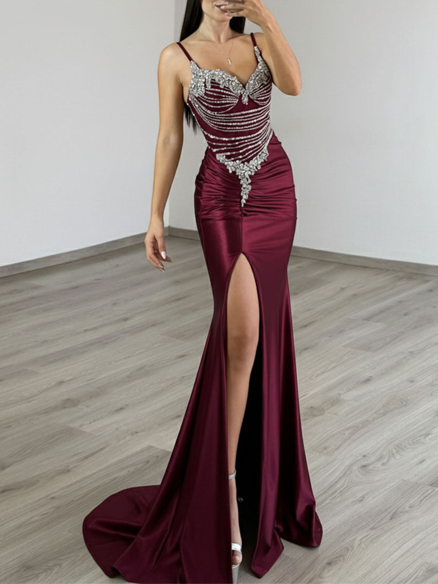 Gold Liquid Beaded Bodice Satin Prom Dress with Slit