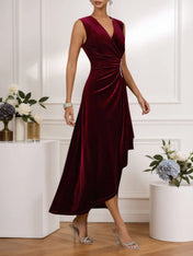 Wine Red Rhinestone Ruched Velvet V Neck Sleeveless A-Line Midi Dress