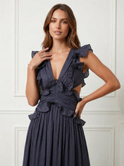 Black V Neck Chiffon A Line Tea Length Maxi Dress with Ruffle