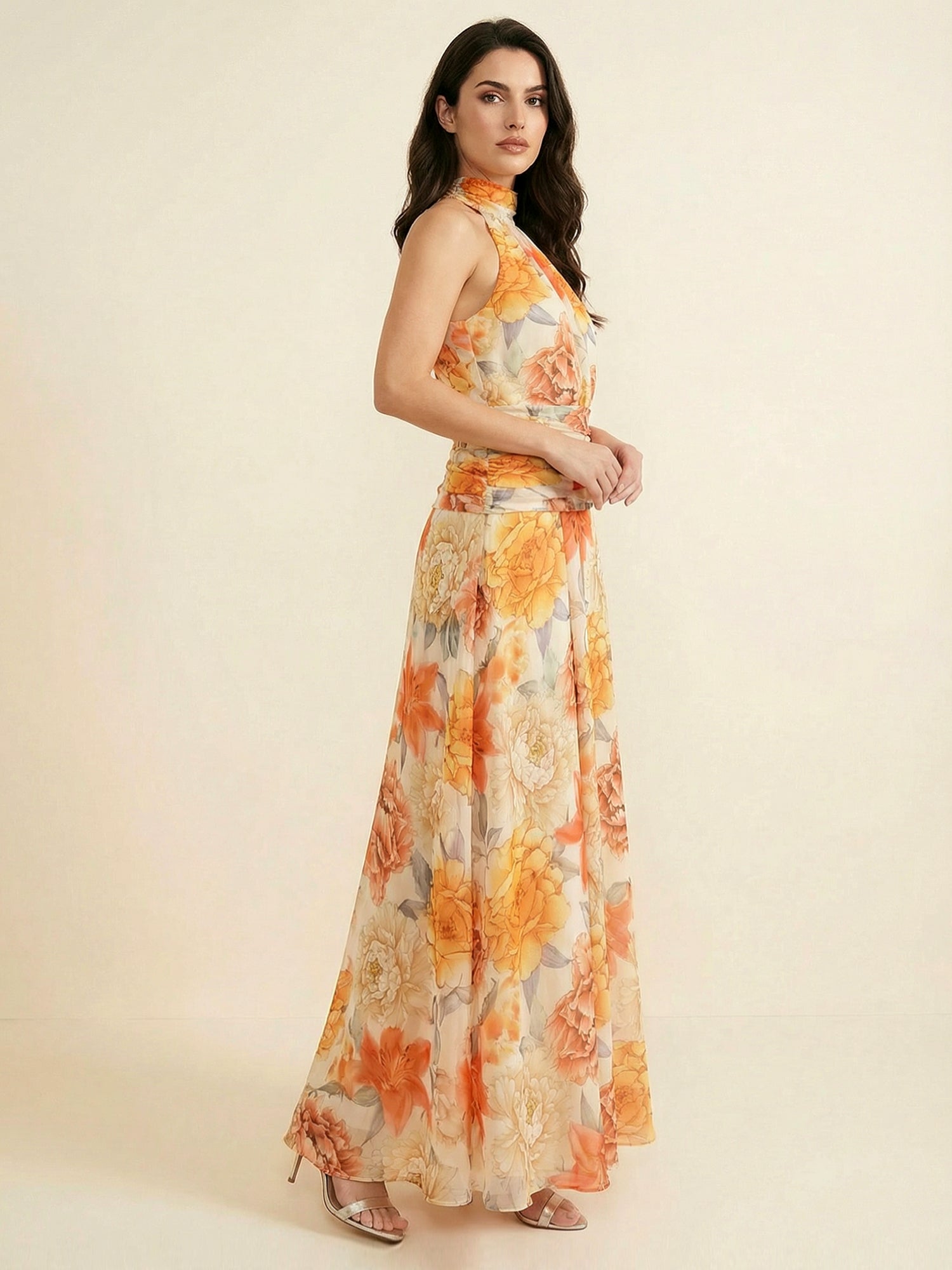 Vibrant Halter High-Neck Floral Ruched Chiffon Maxi Dress