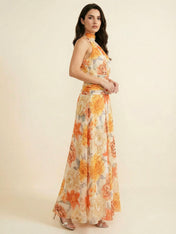 Vibrant Halter High-Neck Floral Ruched Chiffon Maxi Dress