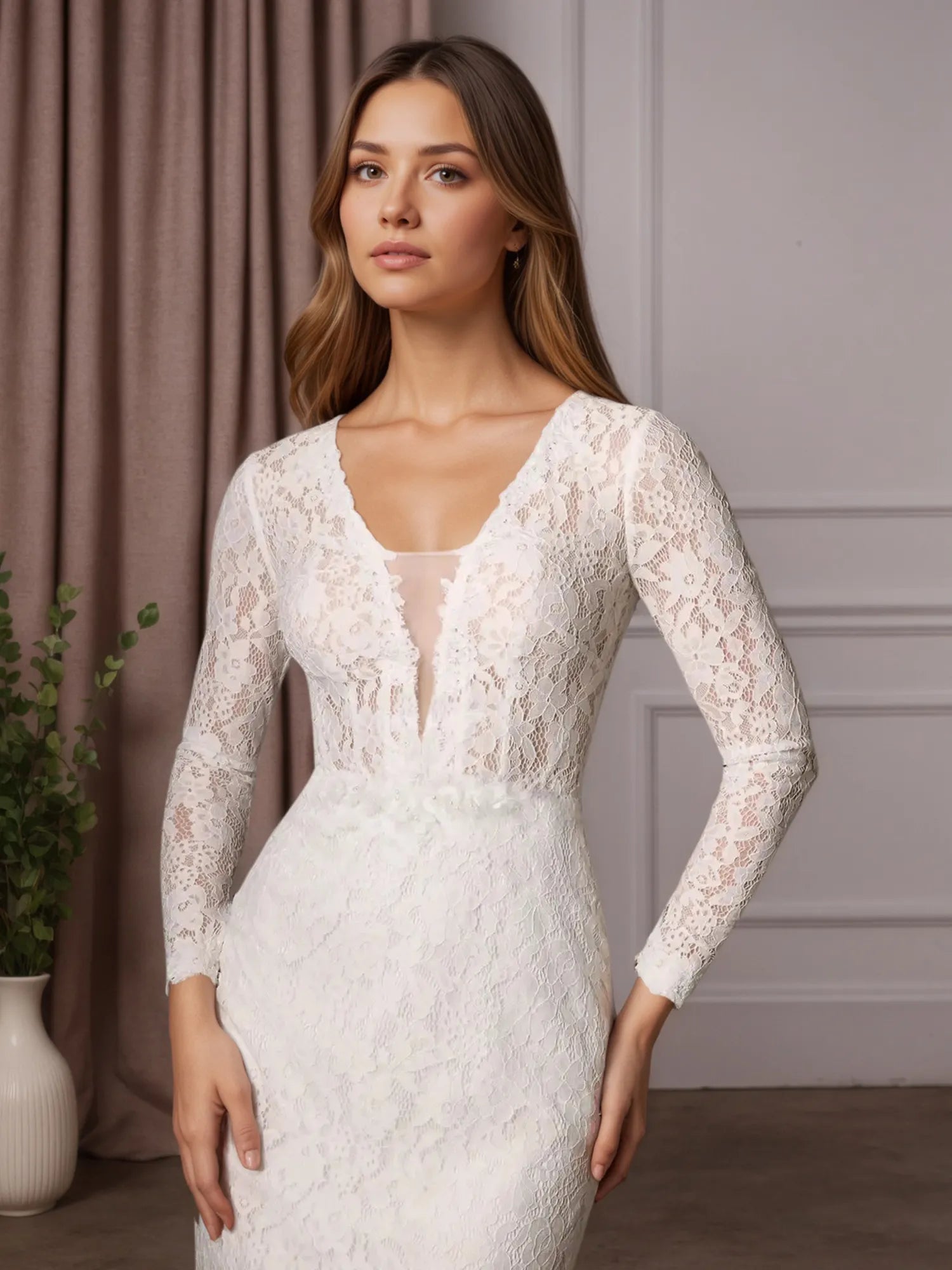 White Sheath V-Neck Tulle Wedding Dress