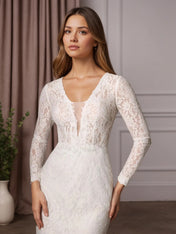 White Sheath V-Neck Tulle Wedding Dress
