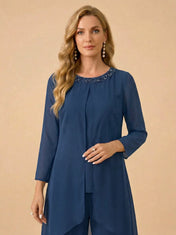 Beaded Neckline Asymmetric Chiffon Wide-Leg Mother of the Bride Pant Set
