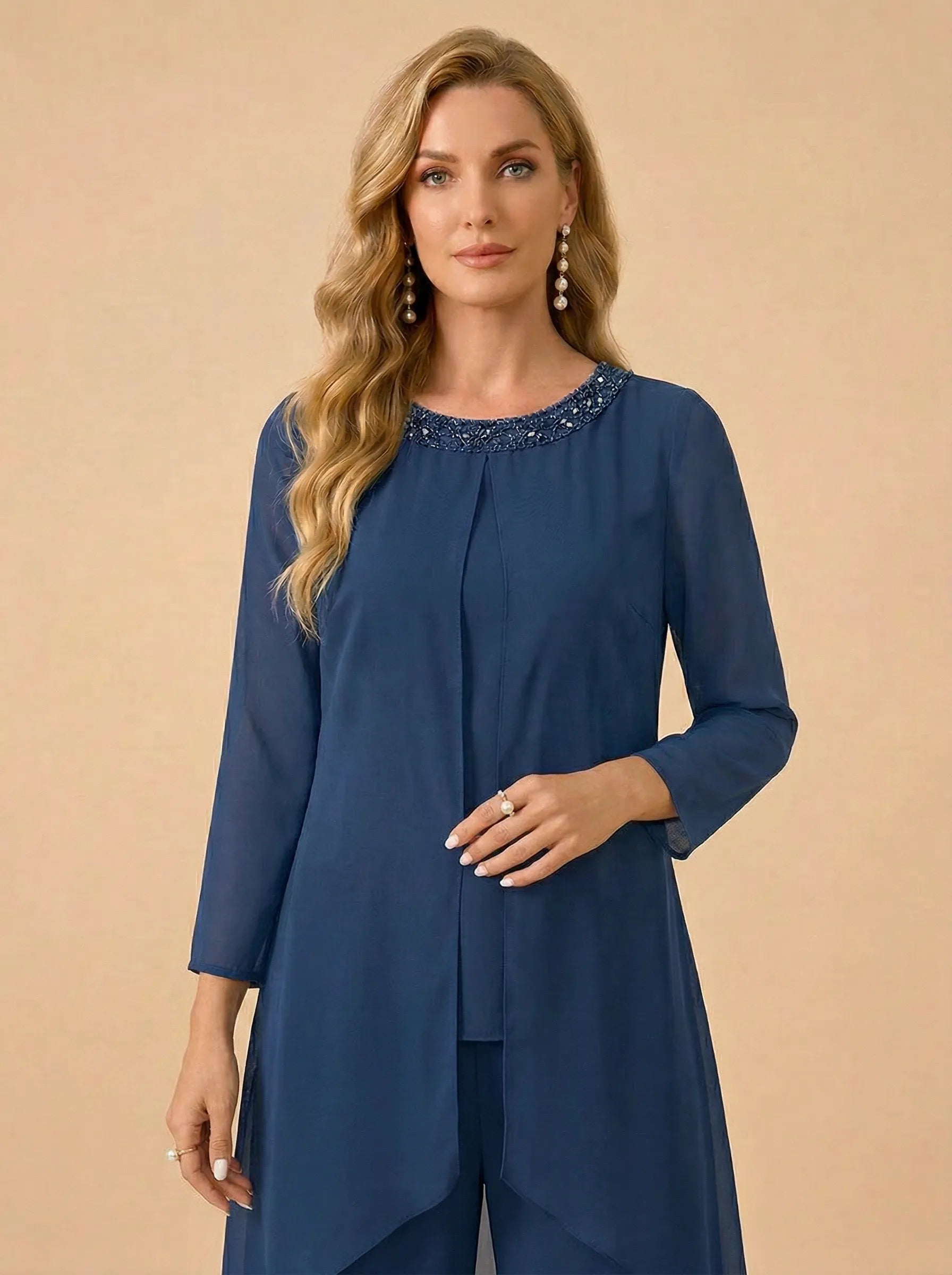 Beaded Neckline Asymmetric Chiffon Wide-Leg Mother of the Bride Pant Set
