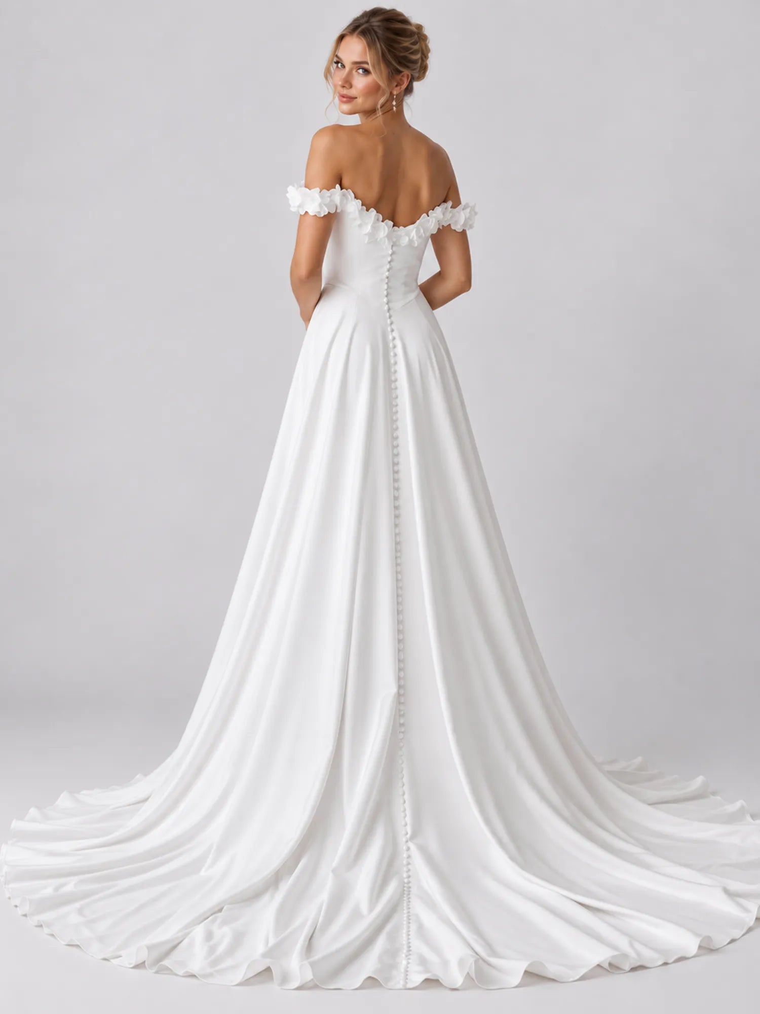 White Off-the-Shoulder Beaded Floral Applique Wedding Dress