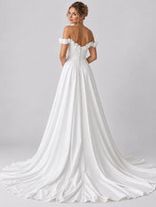 White Off-the-Shoulder Beaded Floral Applique Wedding Dress