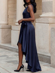 Glamorous Formal Dress Midnight Navy One Shoulder High-Low Satin Gown Midi Dress