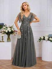 A-line V-Neck Floor-Length Tulle Lace Evening Dress With Sequins