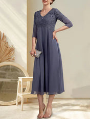 A-line V-Neck Tea-Length Chiffon Lace Mother of the Bride Dress With Beading