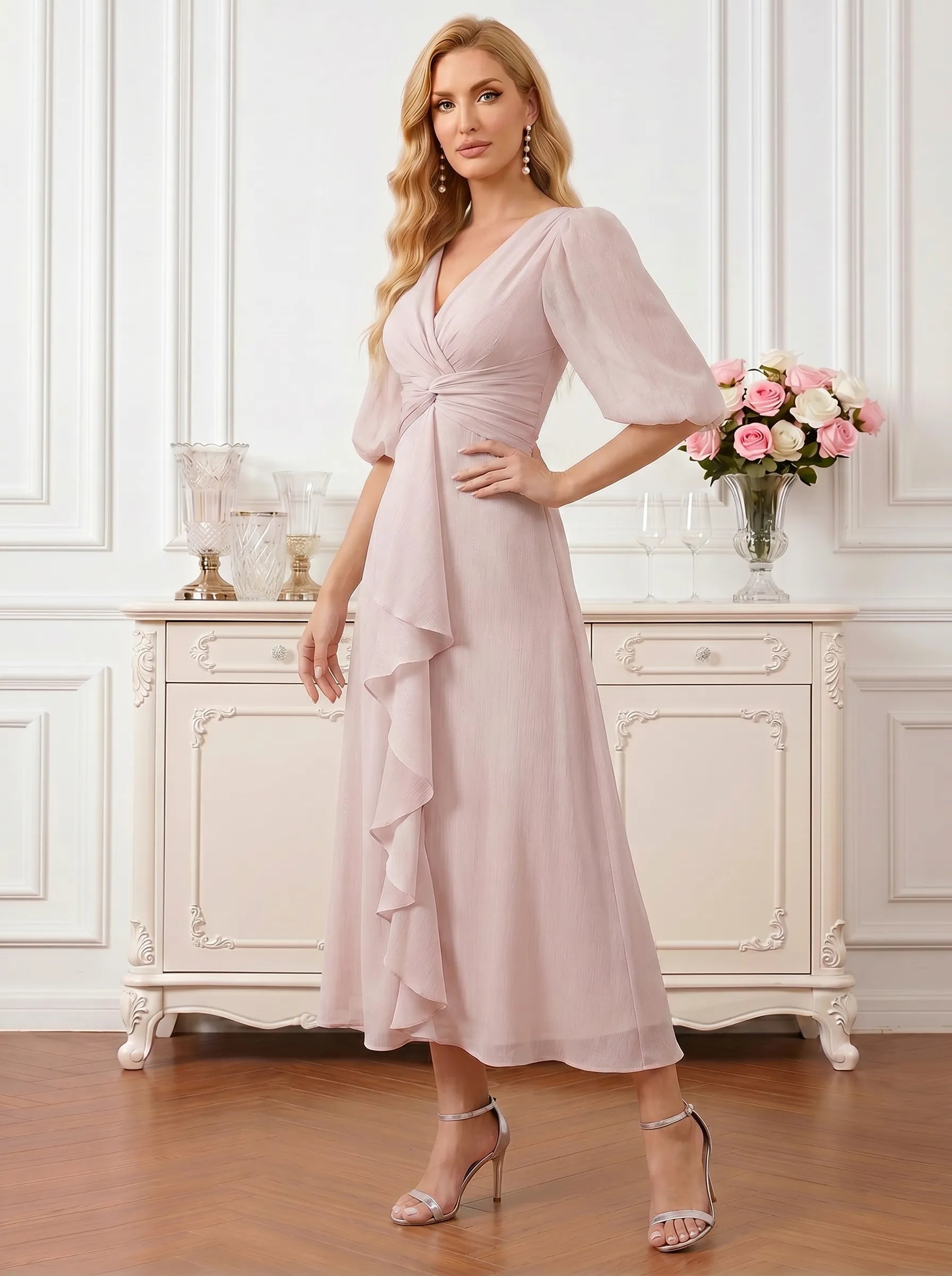 V-Neck Puff Sleeve Chiffon Midi Mother of the Bride Dress with Twisted Waist and Cascading Ruffles