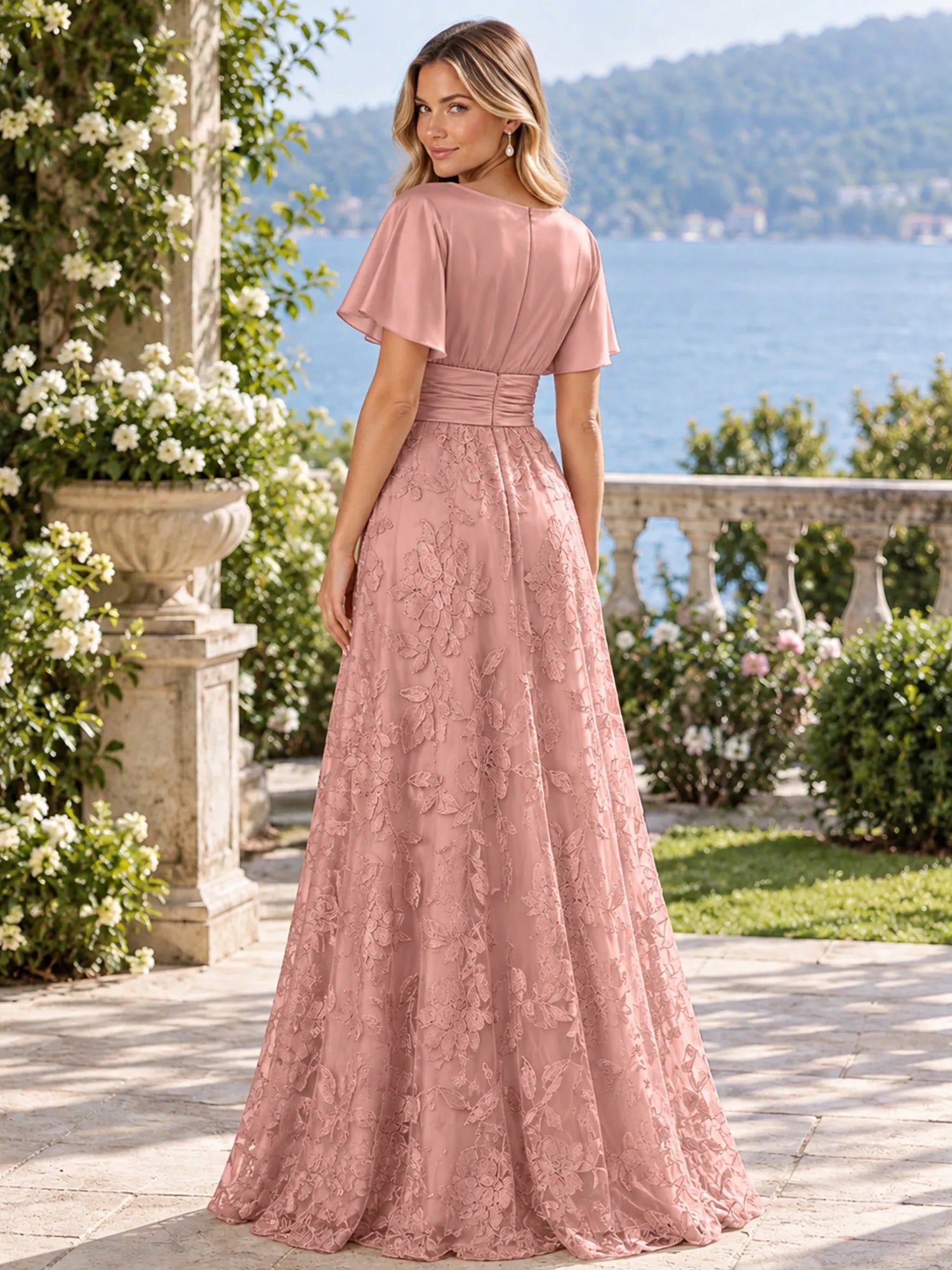 Bateau Neck Butterfly Sleeve Lace Embroidered A-Line Mother of The Bride Dresses