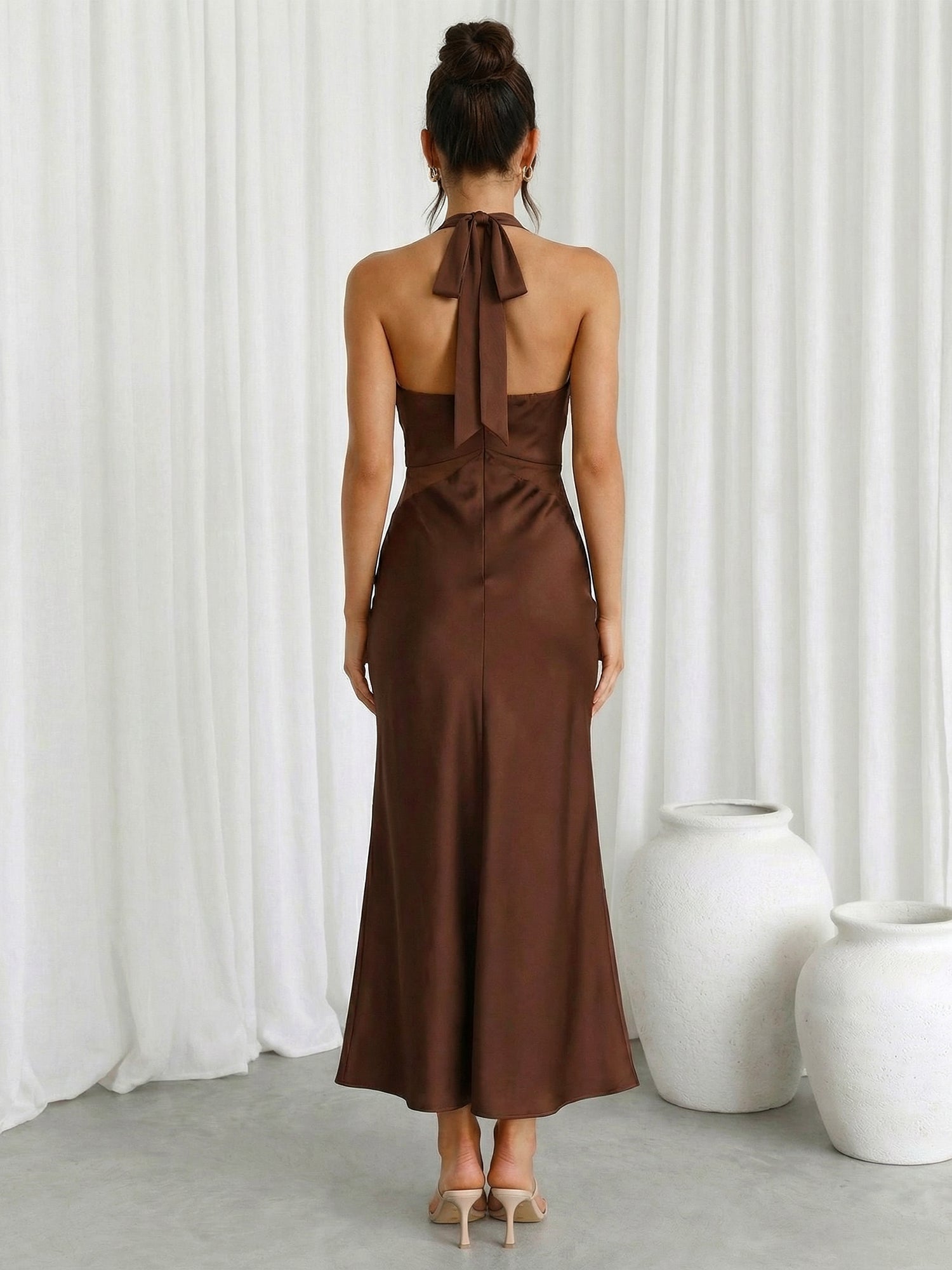 Brown V Neck Halter Neck Mermaid Ankle Length Maxi Dresses