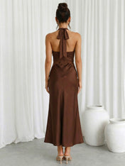 Brown V Neck Halter Neck Mermaid Ankle Length Maxi Dresses