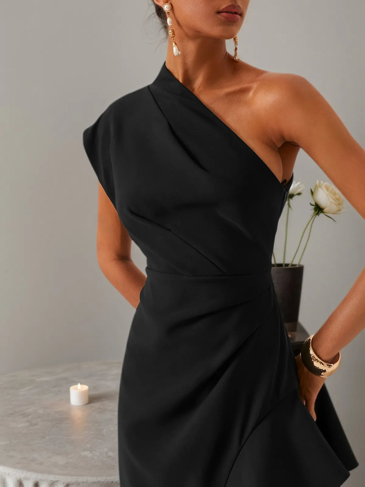 Black One-Shoulder Slit A-Line Midi Dress