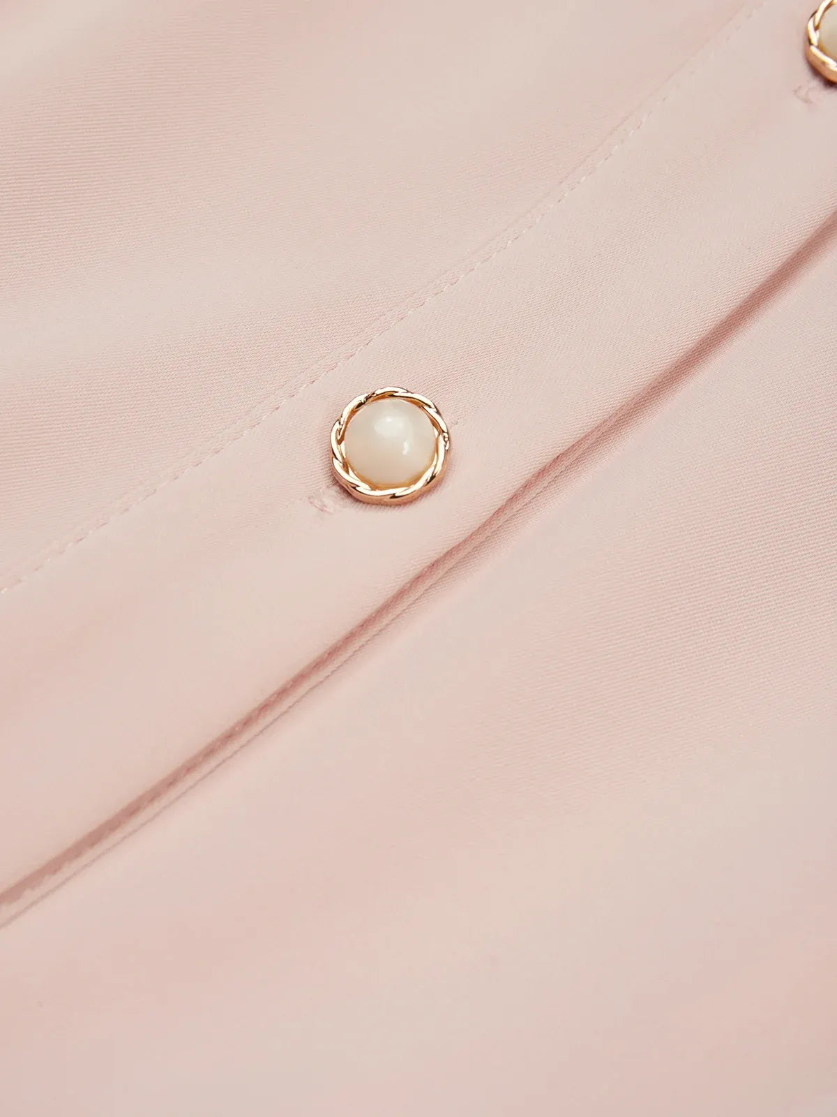 Pink Pleated Classic Shirt Collar Short Sleeve A-Line Midi Dress