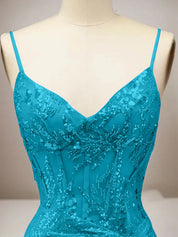 Green Mermaid Sparkly Spaghetti Straps Corset Long Prom Dress with Slit
