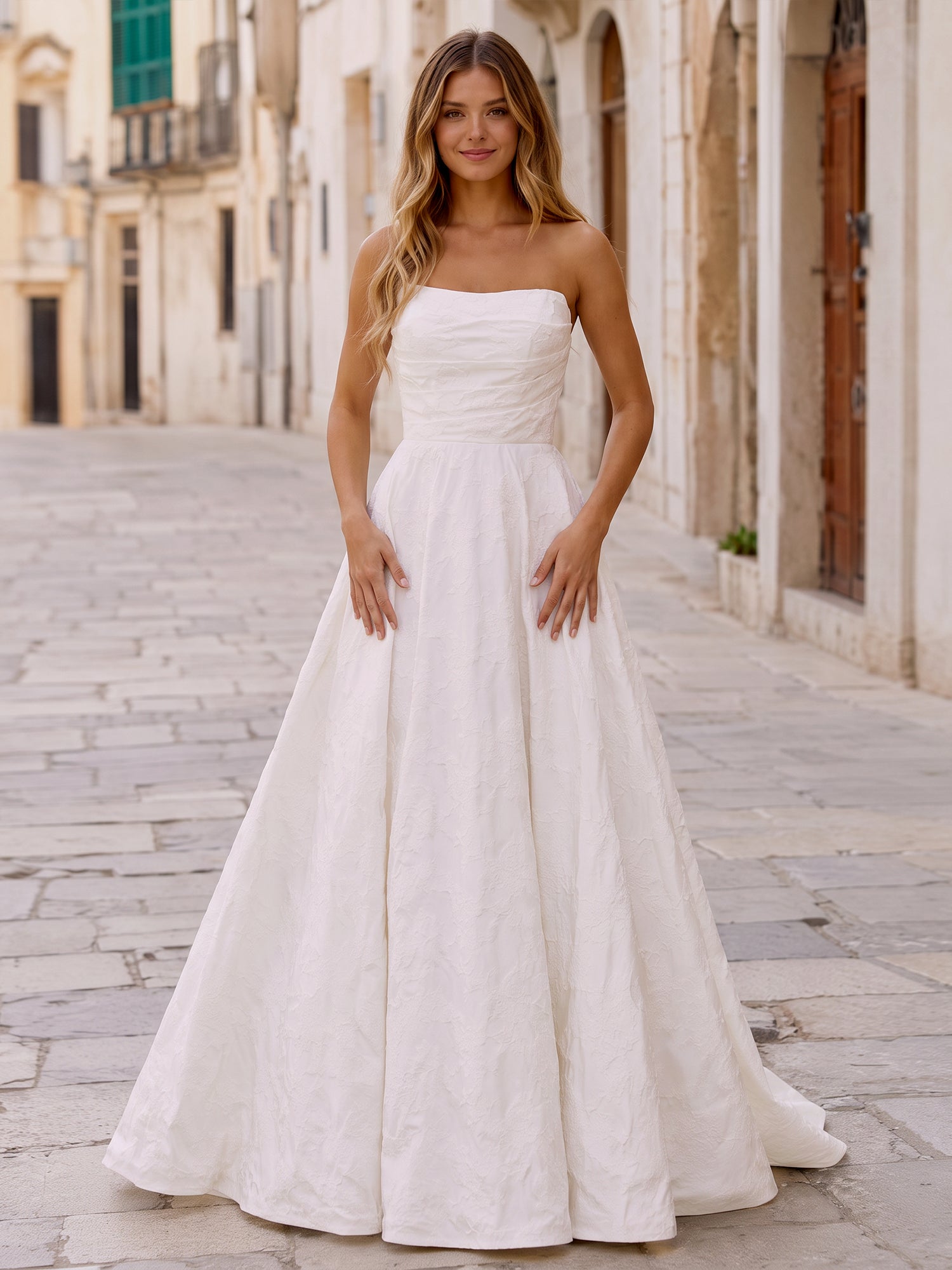 White Embossed Floral Strapless A-Line Wedding Bridal Gown