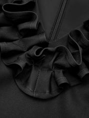 Black Folds V Neck Puff Sleeve Midi Sheath Dress