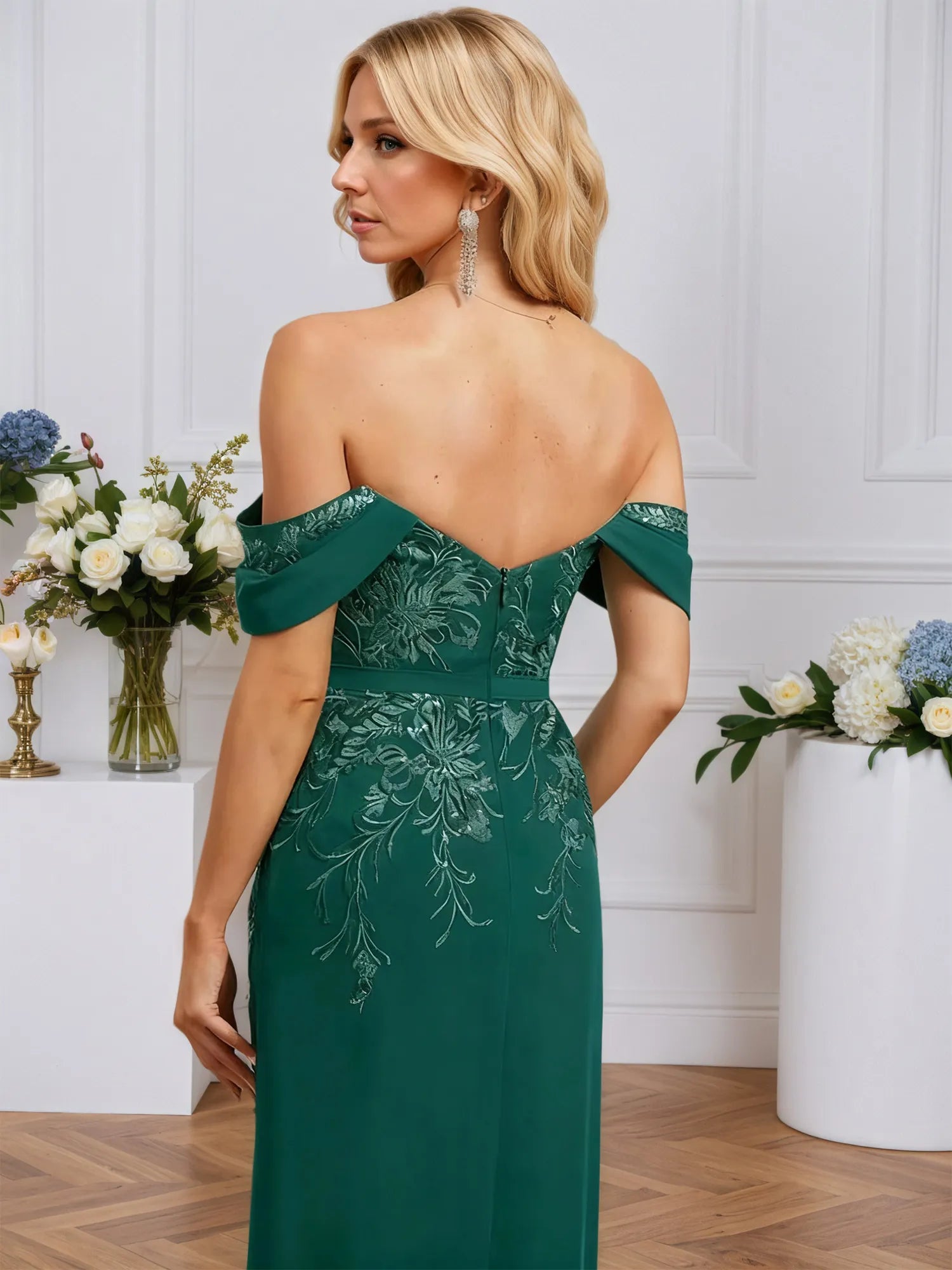 Sheath/Column Off the Shoulder Floor-Length Lace Chiffon Evening Dress With Sequins