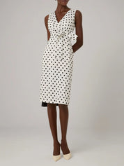 White Bow Printing Classic V Neck Sleeveless Sheath Midi Dress