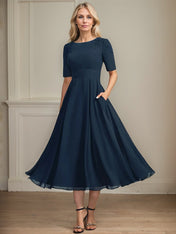A-line Scoop Tea-Length Chiffon Mother of the Bride Dress With Appliques Lace Sequins