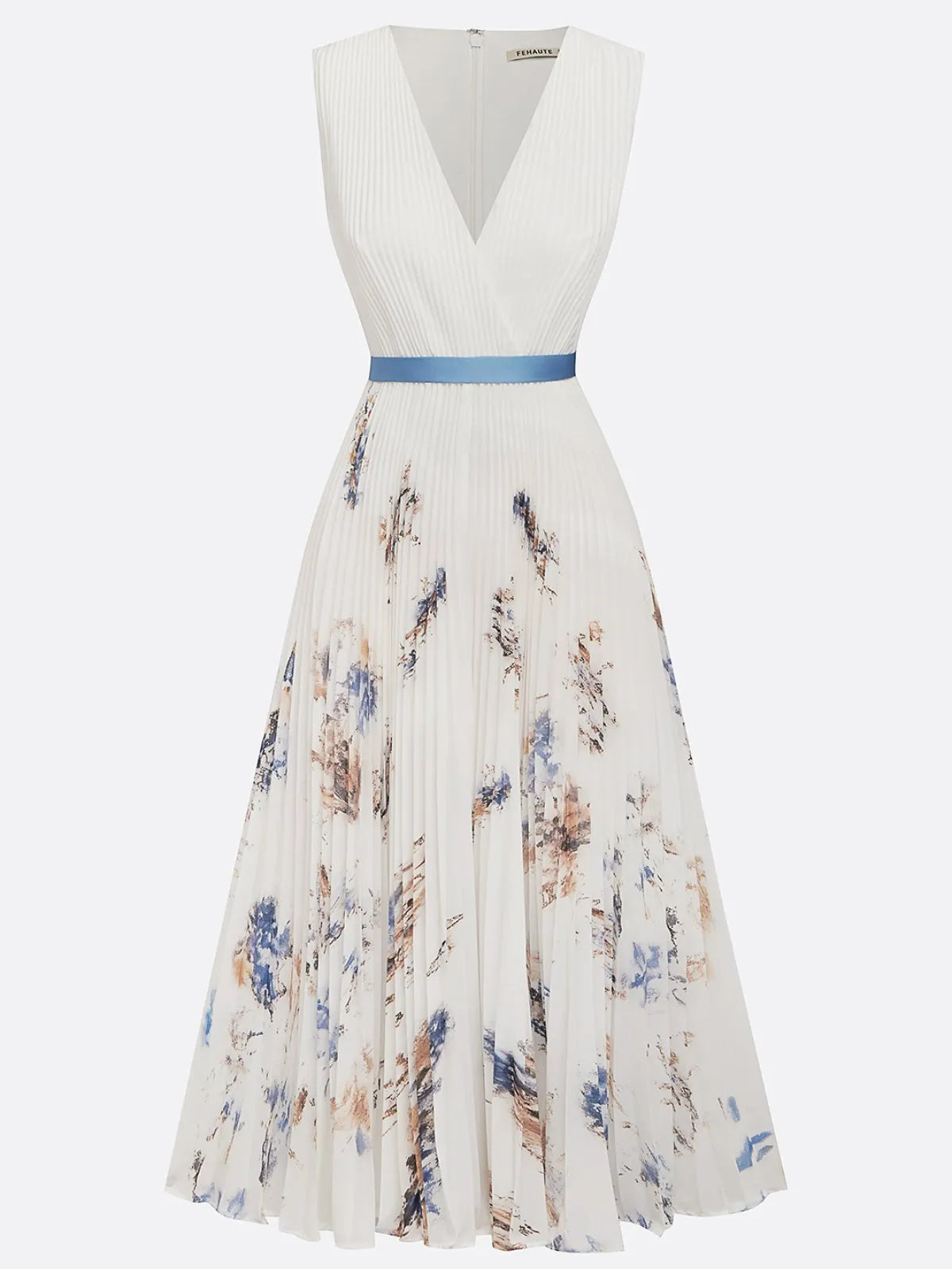 White Pleated Floral Chiffon V Neck Sleeveless A-Line Midi Dress