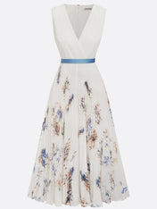 White Pleated Floral Chiffon V Neck Sleeveless A-Line Midi Dress