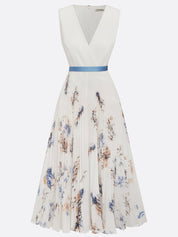 White Pleated Floral Chiffon V Neck Sleeveless A-Line Midi Dress