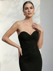 Black Sweetheart Tiered Mermaid Chiffon Evening Dress with Pleat