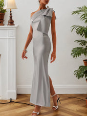 Gray Bow Satin One Shoulder Sleeveless Sheath Gown Bridesmaid Dress