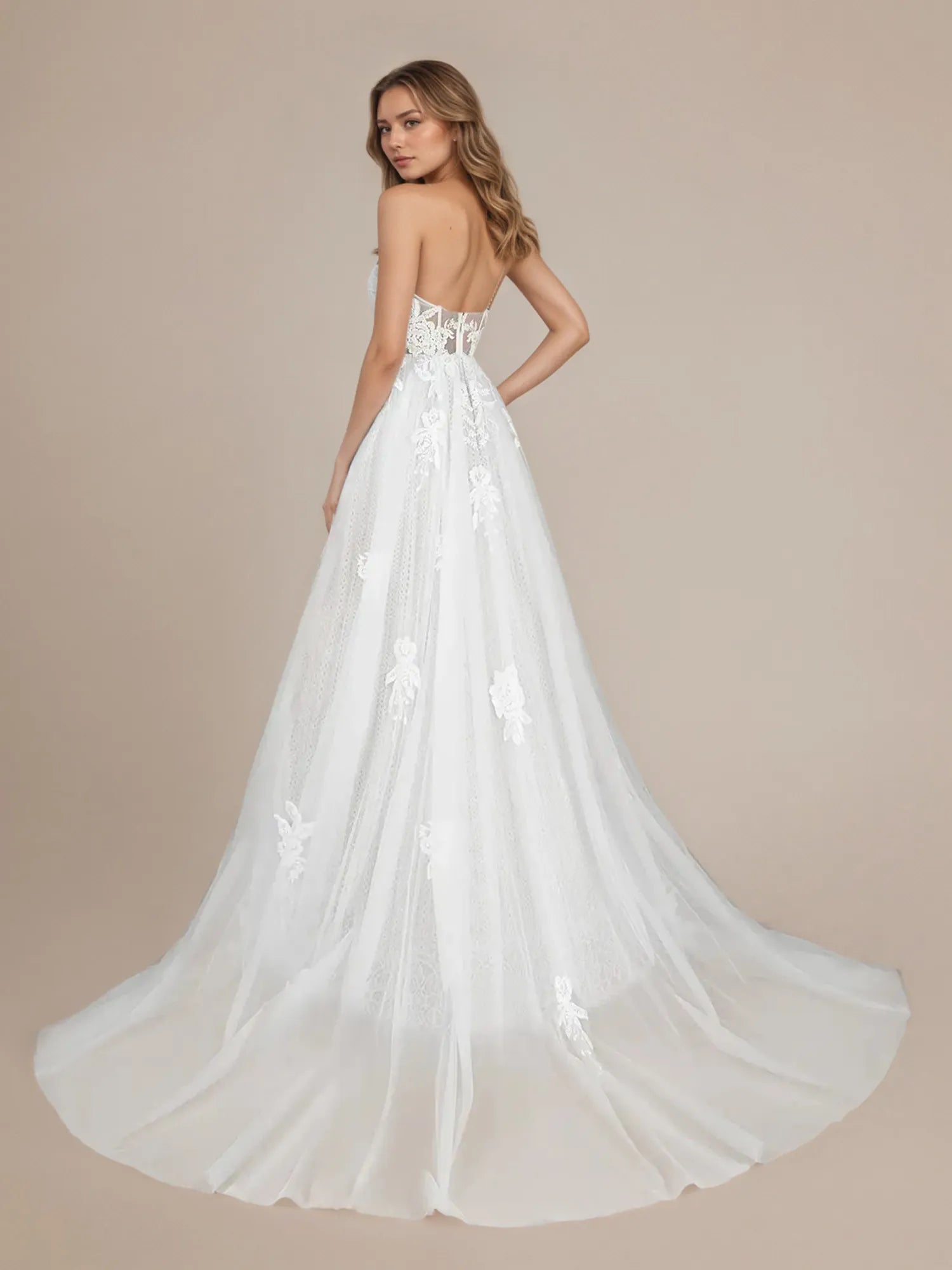 White A-Line Spaghetti Straps Sequins Tulle Wedding Dress