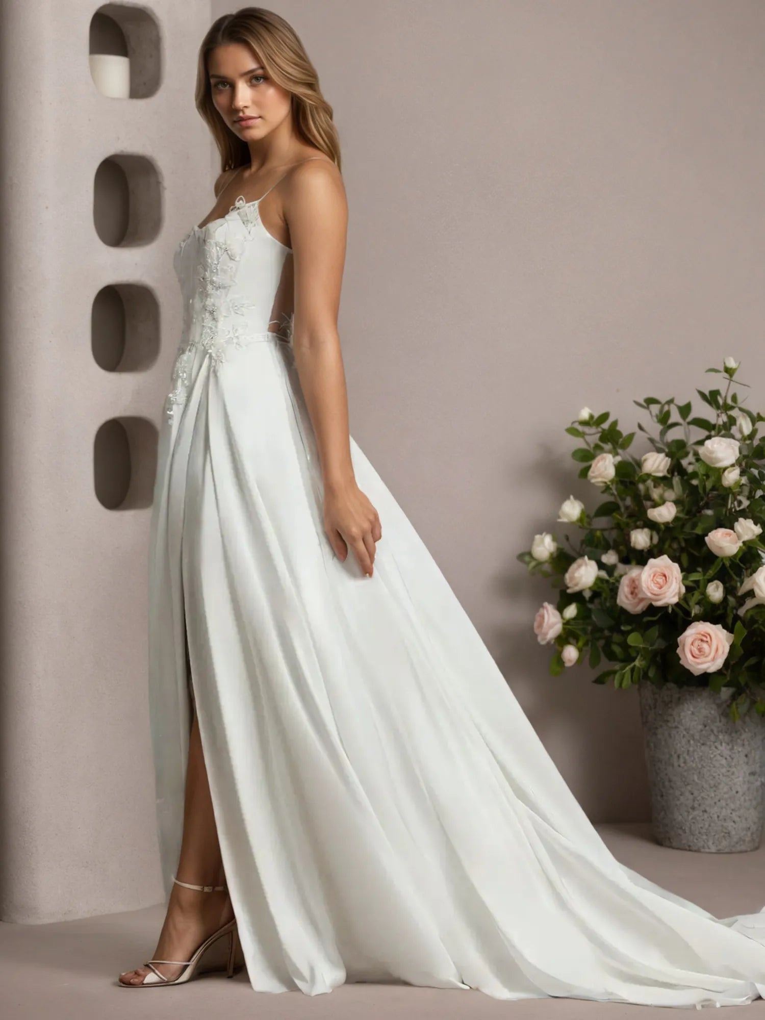 White A-Line Lace Stretch Satin Wedding Dress