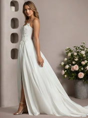 White A-Line Lace Stretch Satin Wedding Dress