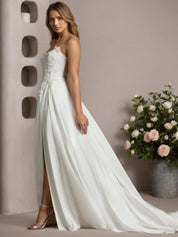 White A-Line Lace Stretch Satin Wedding Dress