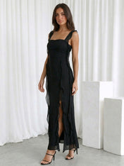 Black Ruffle Chiffon Ankle Length Maxi Dress with Slit
