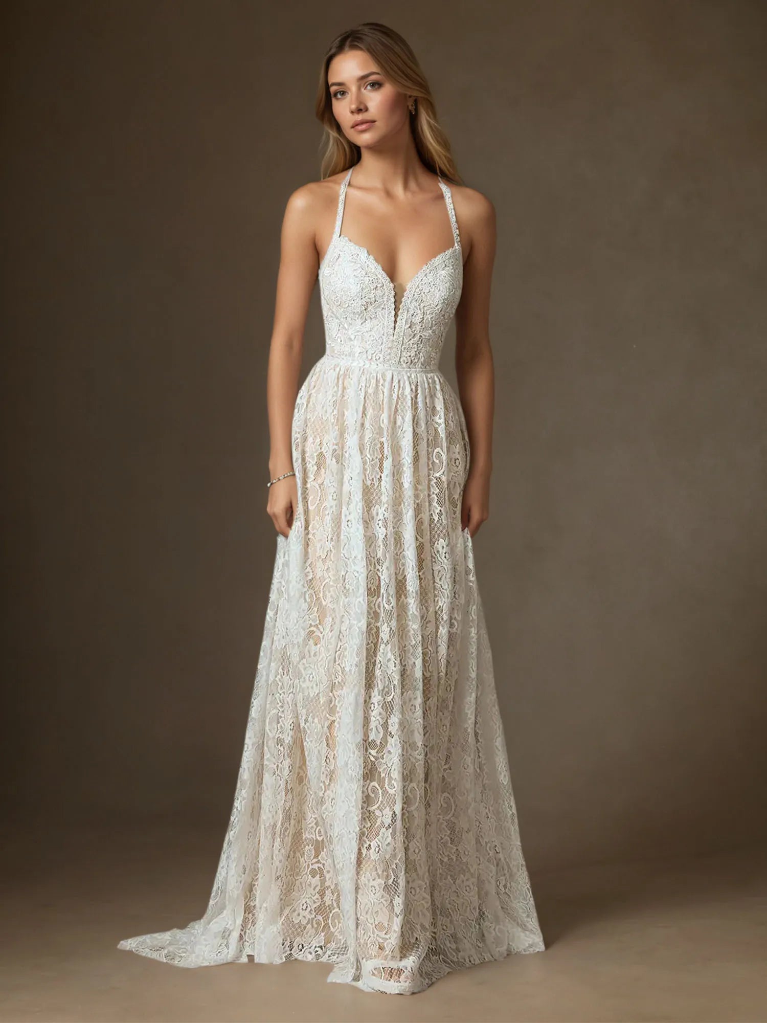 White Champagne A-Line Lace Wedding Dress