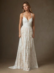 White Champagne A-Line Lace Wedding Dress