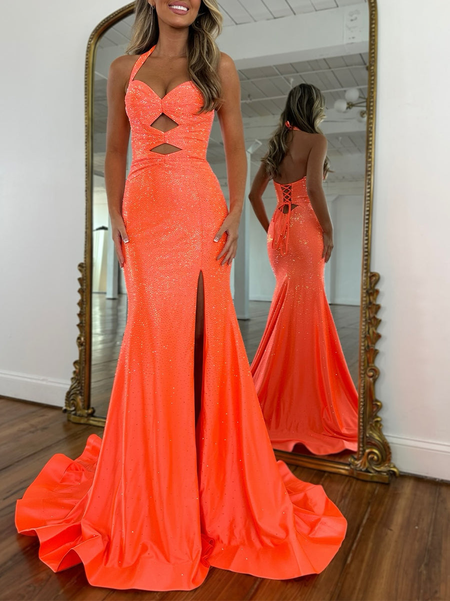 Sparkly Mermaid Keyhole Long Beaded Prom Dress with Slit