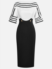 Black Striped Boat Neck Half Sleeve Sheath Midi Satin Dress