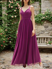 Purple Pleated Chiffon Spaghetti Straps A Line Maxi Bridesmaid Dress