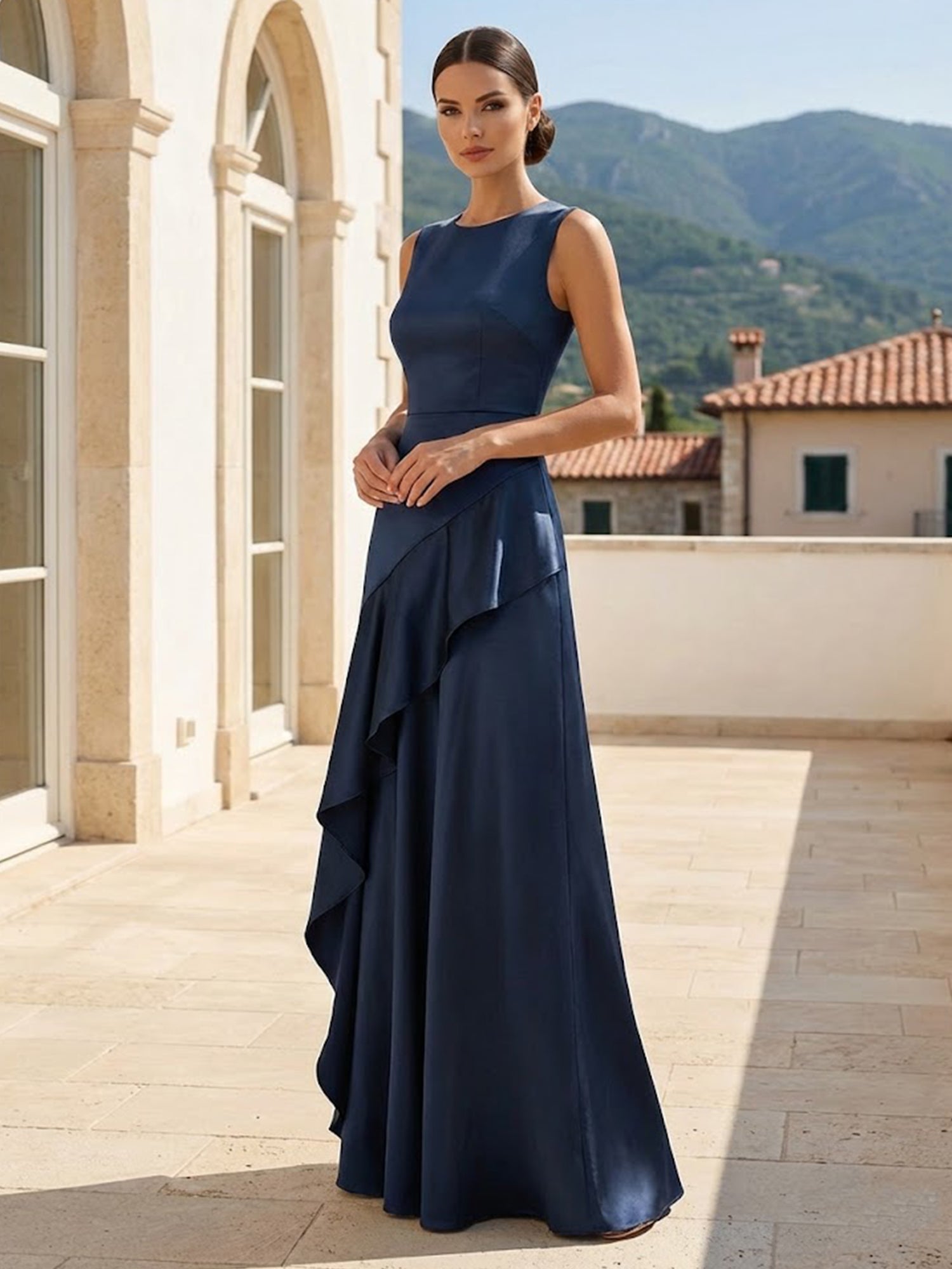 Navy Blue Evening Dress with Ruffle O Neck A Line Maxi Dress