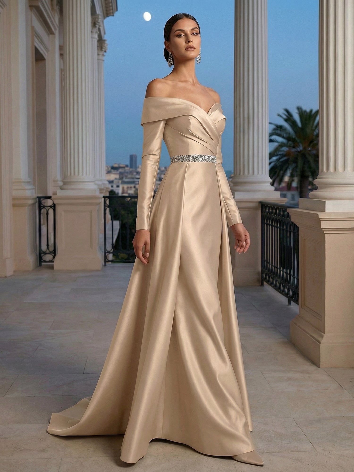 Formal Evening Dress Champagne Long Sleeves Maxi Dress with Belt