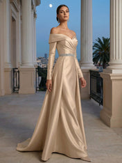 Formal Evening Dress Champagne Long Sleeves Maxi Dress with Belt