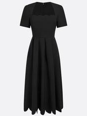 Black Irregular Craftsmanship Classic Square Neck Short Sleeve A-Line Midi Dress