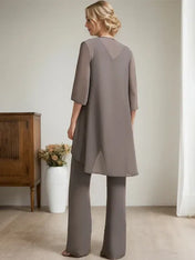 Separates Jumpsuit/Pantsuit Scoop Floor-Length Chiffon Lace Mother of the Bride Dress With Beading Sequins