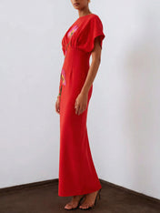 Red 3D Floral Appliqué Boat Neck Short Sleeve Backless Sheath Maxi Dress