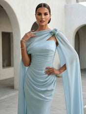 Light Blue Spaghetti Straps Mermaid Chiffon Evening Dress with Cape