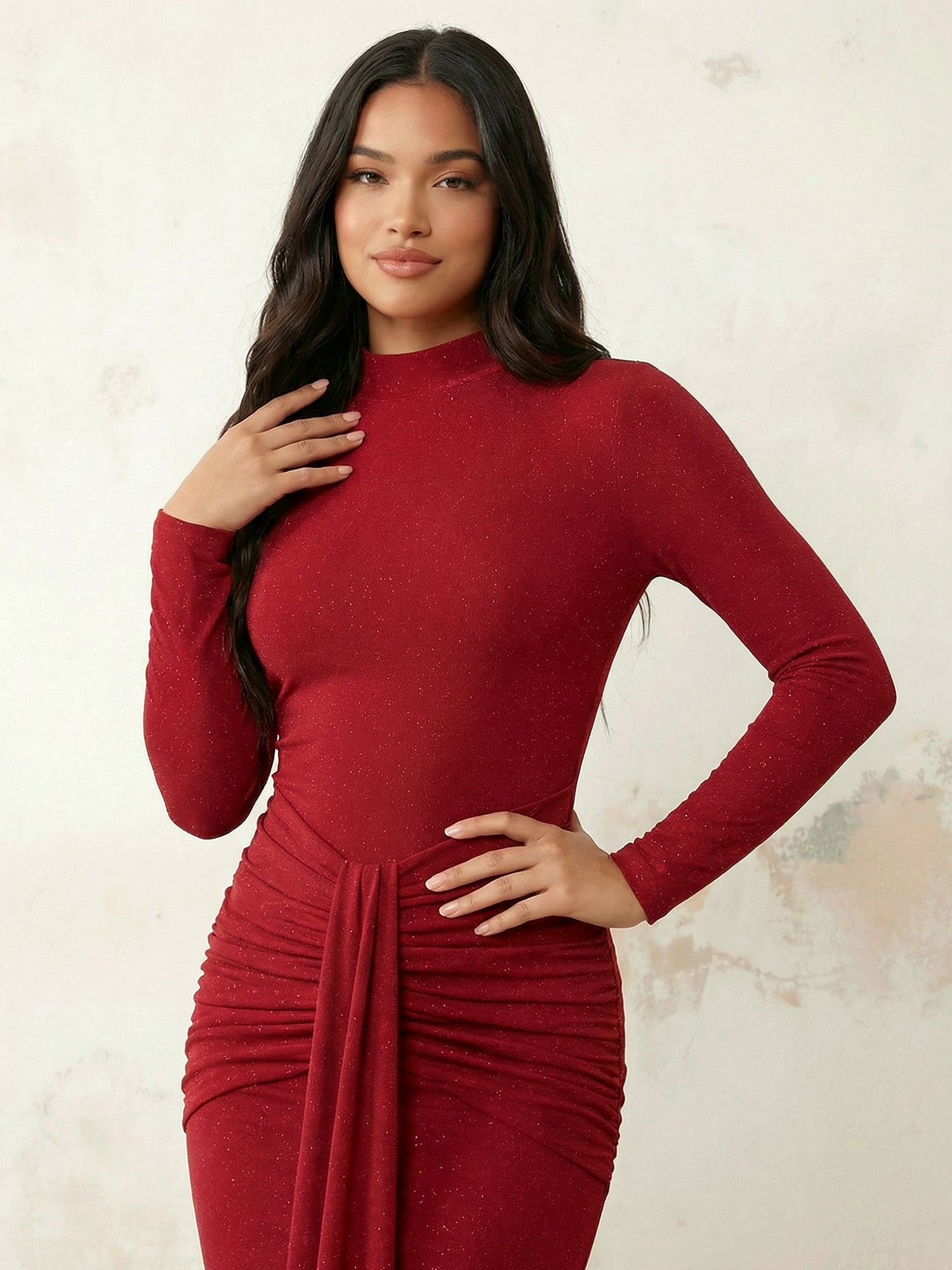 Burgundy Long Sleeves Mermaid Satin Maxi Dress Tea Length
